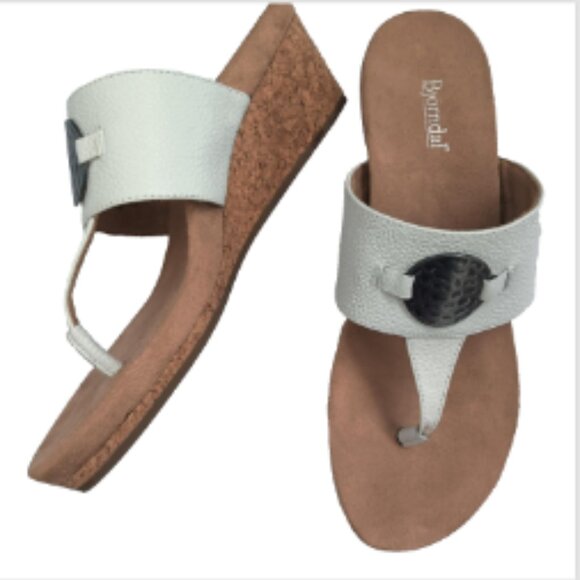 Bjorndal Genuine Leather Wadge Thong Sandals Cork Platform Cushioned 7 Eggshell - Picture 4 of 17